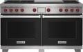 Wolf 60&quot; 6 Burner Dual Fuel Range with Infrared Dual Griddle (DF60650DG/BK/P) featuring black accent colored door and signature red Wolf knobs.