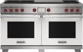 Wolf 60&quot; 6 Burner Dual Fuel Range with French Top (DF60650F/WH/P) featuring white accent colored door and signature red Wolf knobs.