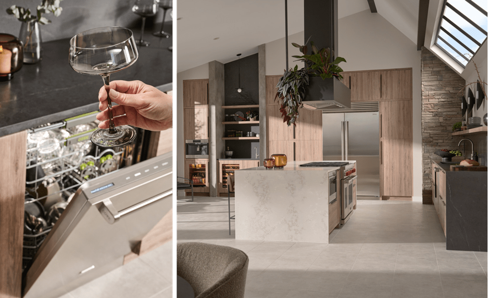 Lave-vaisselle Cove en acier inoxydable présenté dans une cuisine ouverte moderne équipée d'une cuisinière à gaz Wolf et d'un réfrigérateur Sub-Zero