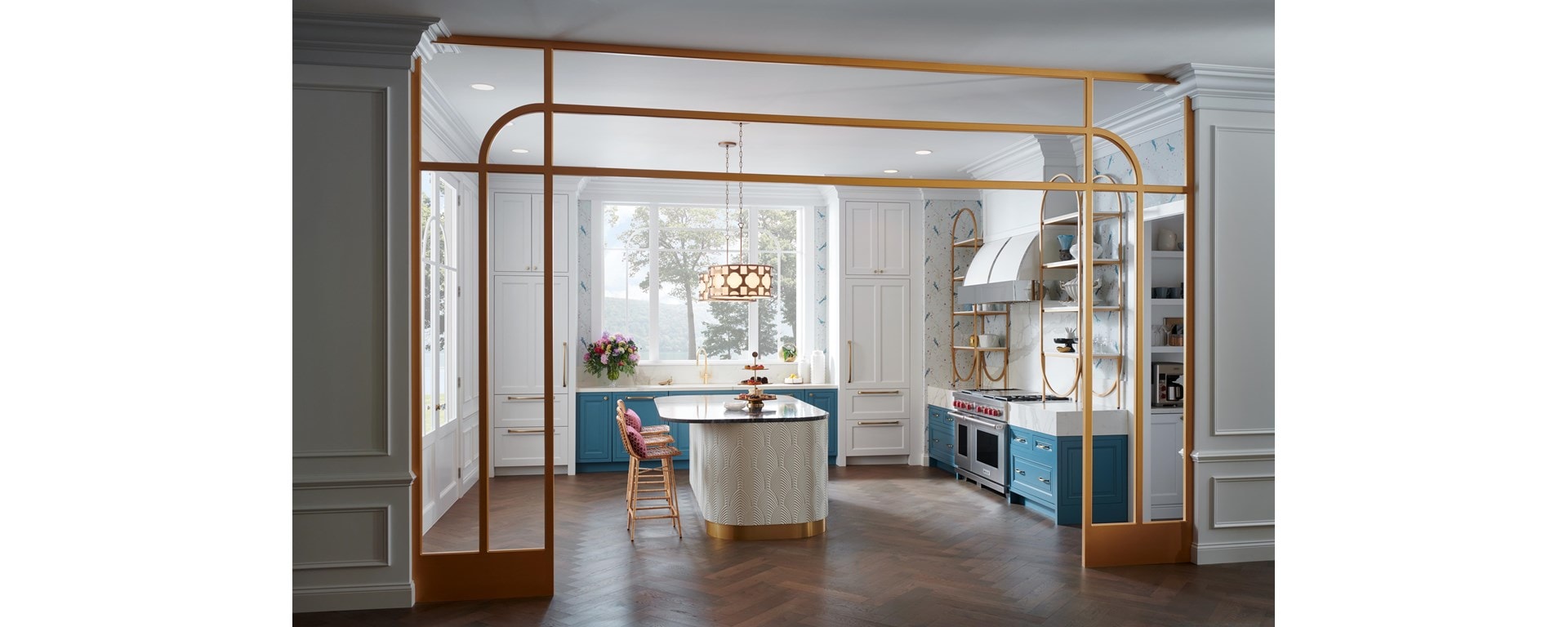 Wolf Appliances featured in a whimsical custom kitchen design showcasing open shelves, gold fixtures and white marble countertops