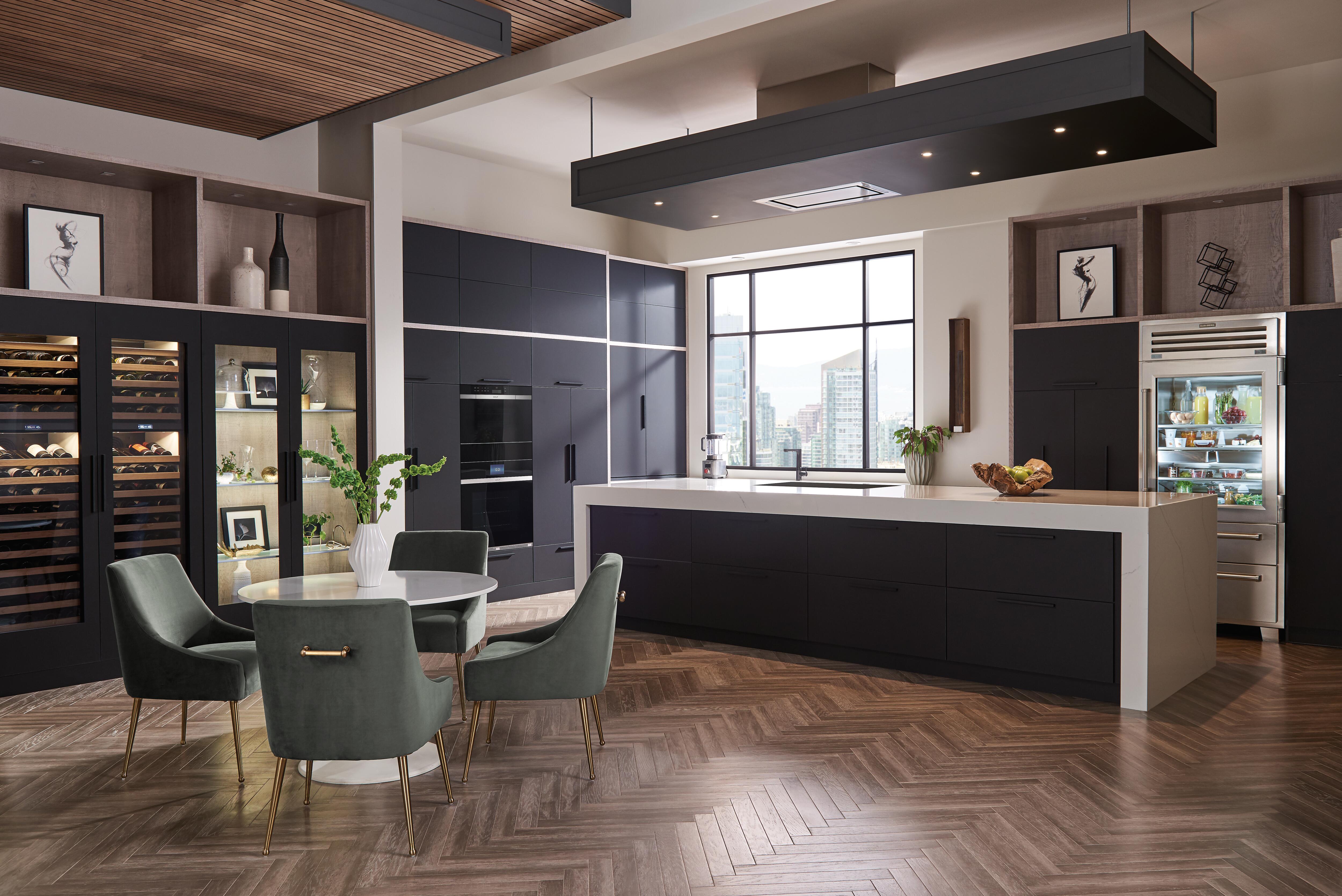 Sophisticated and fashionable custom kitchen design showcasing Sub-Zero see-thru-door refrigerator and Wolf Contemporary Stainless Steel Convection Steam Oven