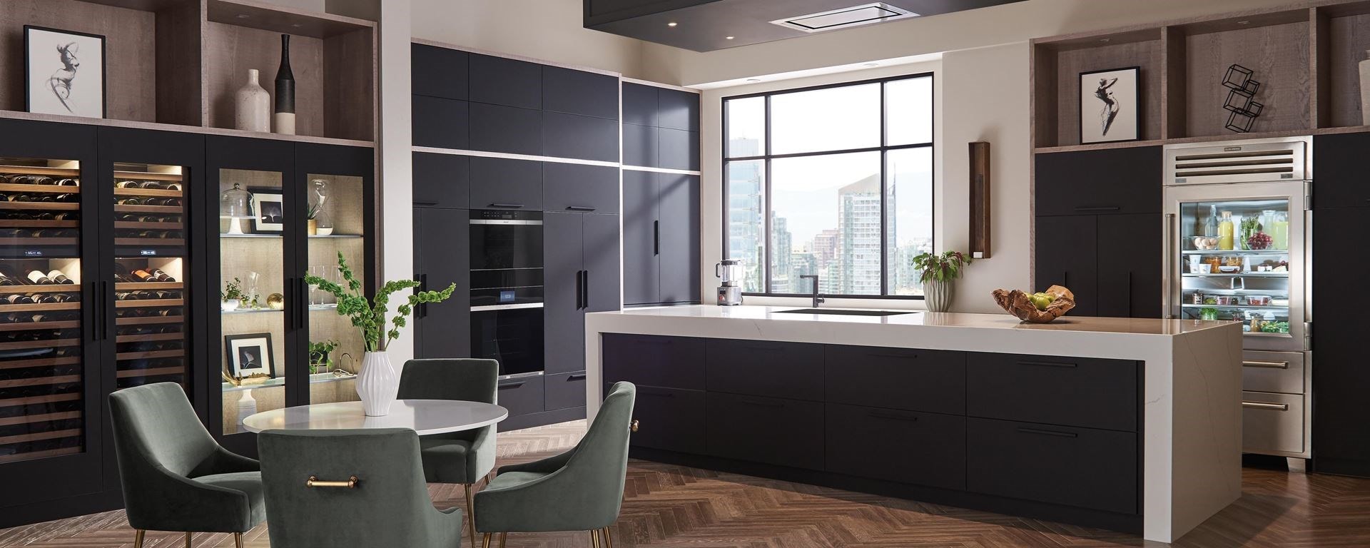 Sophisticated and fashionable custom kitchen design showcasing Sub-Zero see-thru-door refrigerator and Wolf Contemporary Stainless Steel Convection Steam Oven
