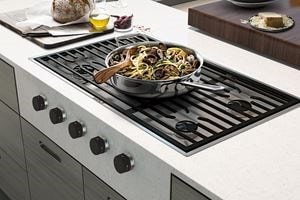 Wolf 36&quot; Contemporary Gas Cooktop with 5 Burners has a striking, integrated look, with a cooking surface that sits flush to the countertop