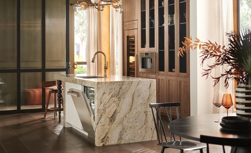 24 inch ADA Height Compatible Panel Ready Dishwasher with Water Softener (DW2451WS/ADA) by Cove Dishwashers shown blending seamlessly in a bold and modern kitchen design.