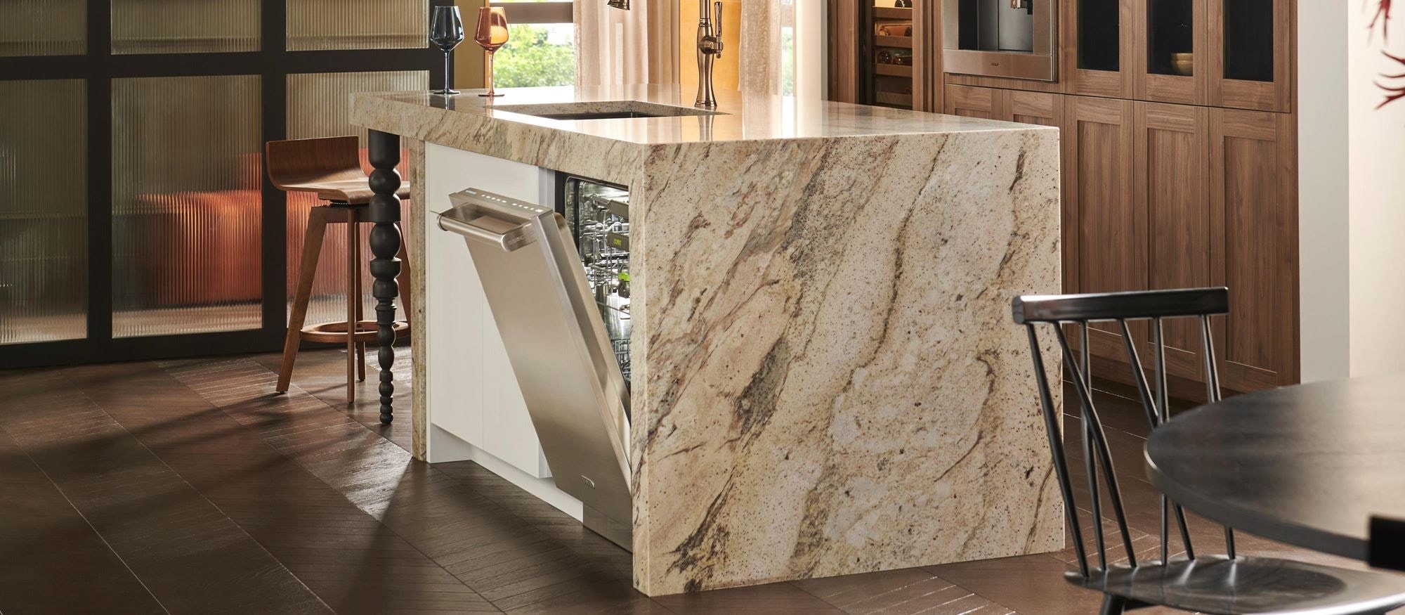 24 inch ADA Height Compatible Panel Ready Dishwasher with Water Softener (DW2451WS/ADA) by Cove Dishwashers shown blending seamlessly in a bold and modern kitchen design.