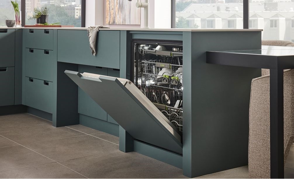 24 inch ADA Height Compatible Panel Ready Dishwasher (DW2451/ADA) by Cove Dishwashers disappears seamlessly with green panel ready door.