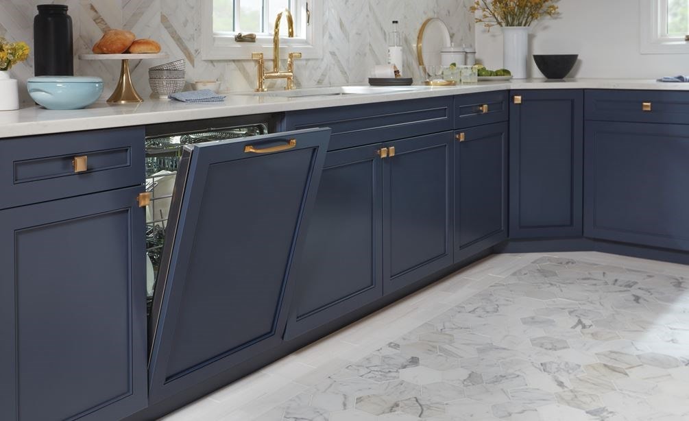 24 inch Panel Ready Dishwasher with Water Softener (DW2451WS) by Cove Dishwashers shown with custom deep blue panel matching kitchen cabinetry.