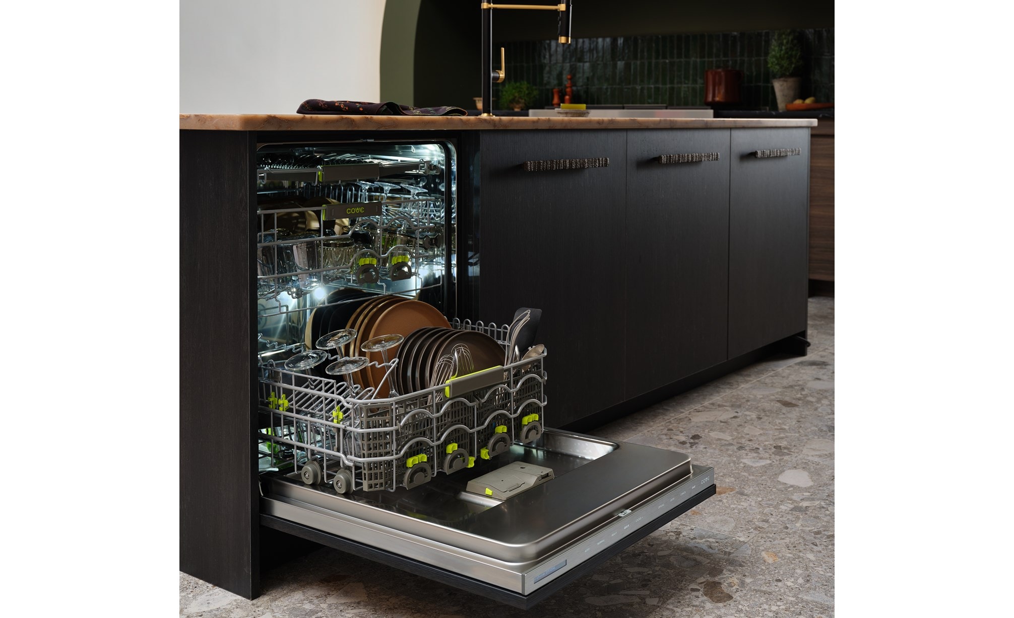 24 inch Panel Ready Built In Dishwasher with Water Softener (DW2451WS) by Cove Dishwashers shown set flush in charcoal kitchen cabinets.