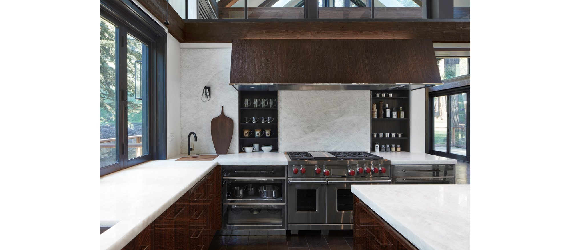 Sub-Zero, Wolf, and Cove 1st Place Transitional Design - KDC 2019-2021 Redwood Retreat featuring DW2450 24" Dishwasher Cove, IC-36RID 36" All Refrigerator Column with Internal Dispenser, ID-24R 24" Refrigerator Drawers, ID-30FI 30" Freezer Drawers with Ice Maker, UW-24 24" Undercounter, MD24TE/S 24" Transitional Drawer Oven, ICBSPO30PM/S/PH 30" M Series Professional Speed Oven and CI152TF/S 15" Cooktop