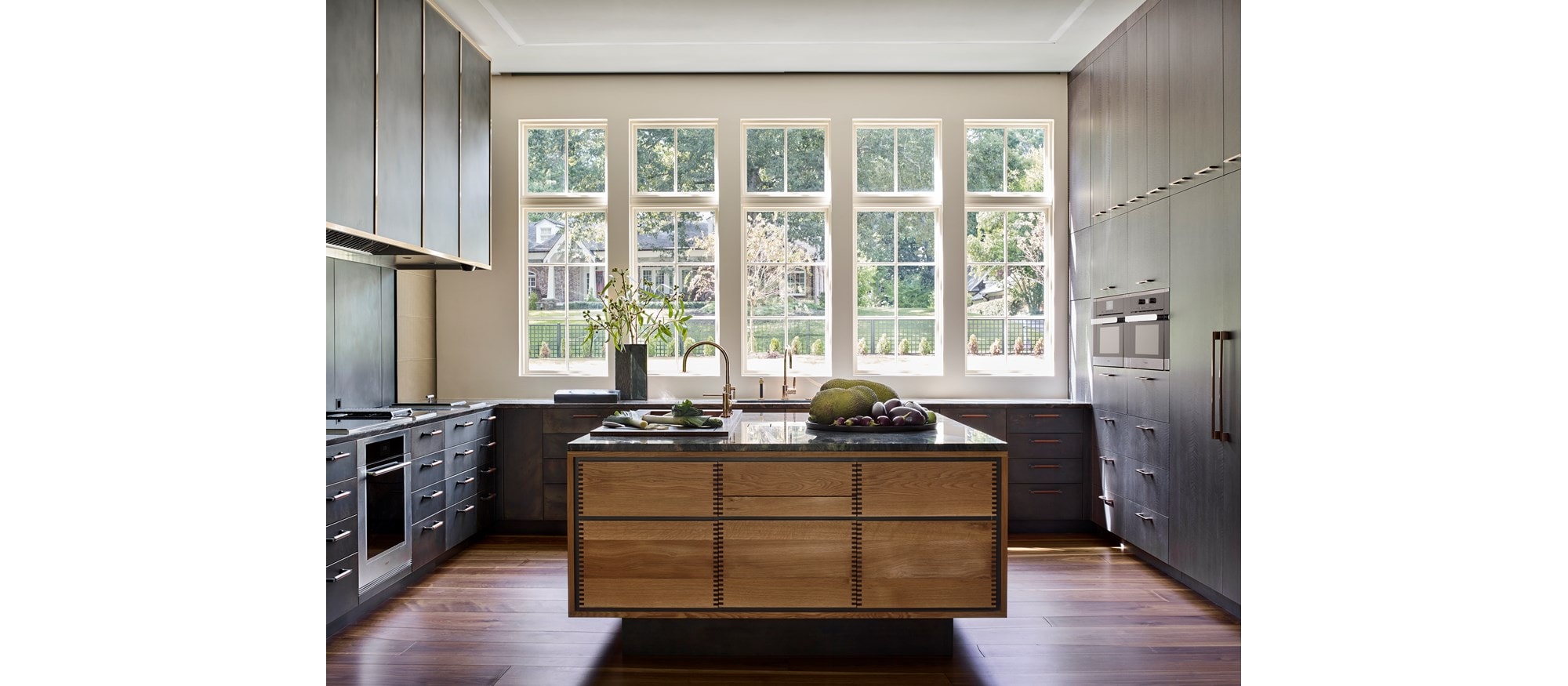 Sub-Zero, Wolf, and Cove KDC Finalist Cultivated Kitchen featuring DW2450 24" Dishwasher Cove, IC-30FI 30" All Freezer Column with Ice Maker, IC-30RID 30" All Refrigerator Column with Internal Dispenser, ID-27R 27" Refrigerator Drawers, VS24 24" Vacuum Seal Drawer and CI365TF/S 36" Transitional Cooktop