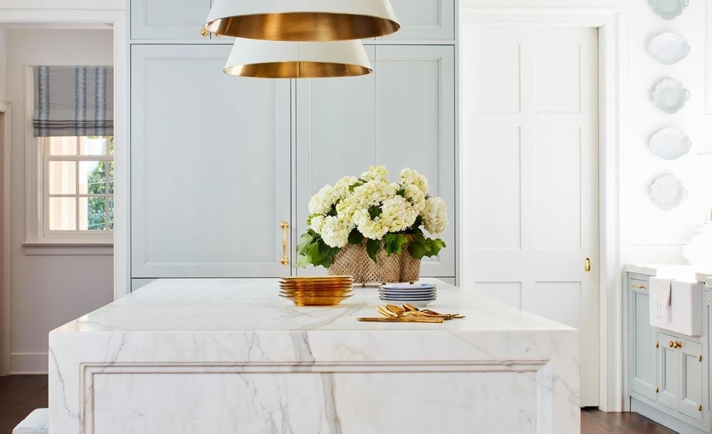 White marble island in Tradition with a Pinch of Panache by Matthew Quinn.