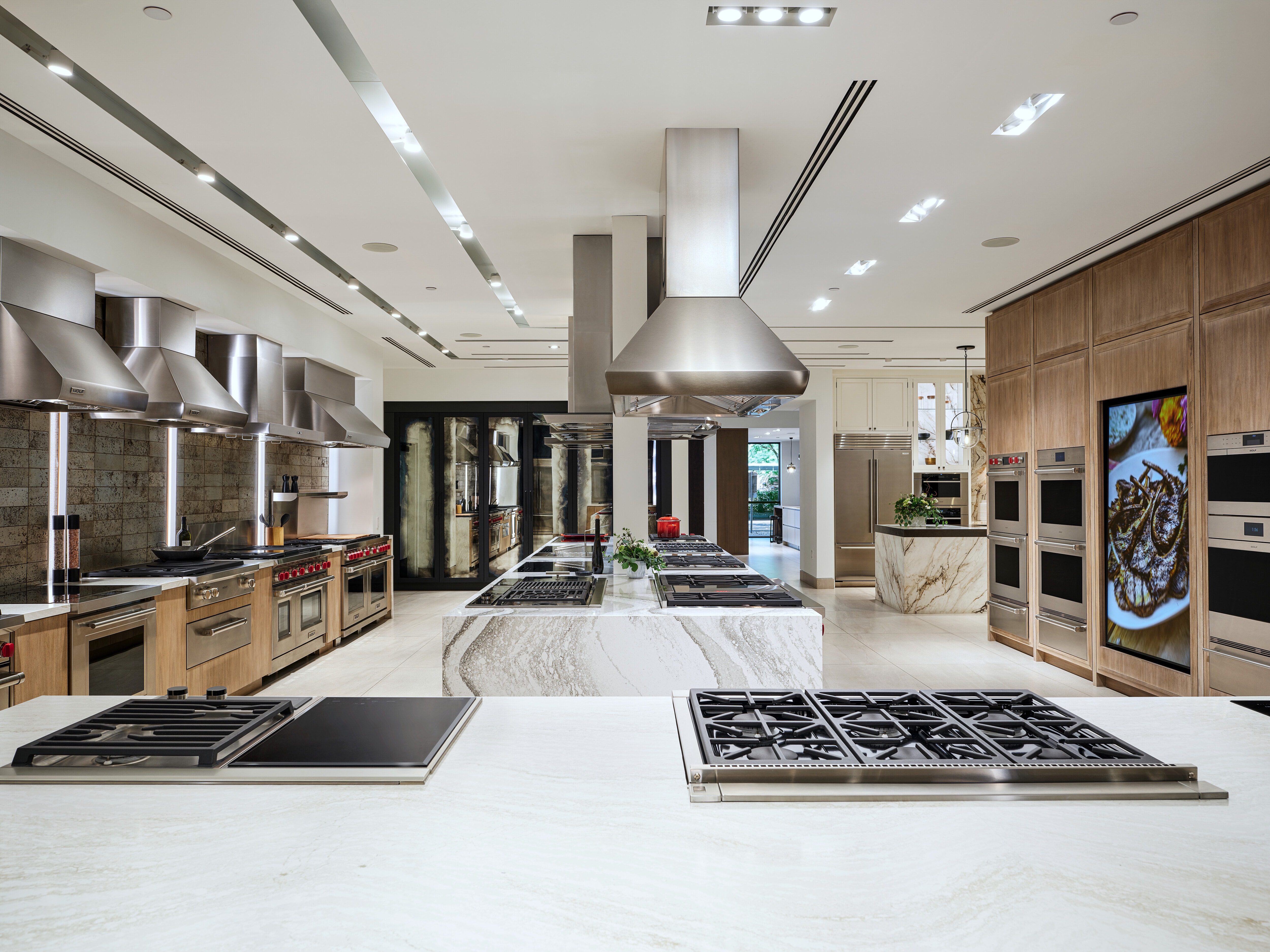 A vast assortment of different Wolf Appliances including ovens, ranges, cooktops, and ventiliation systems.