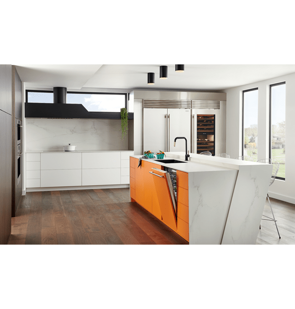 Cove panel ready dishwasher displayed in modern minimalist custom kitchen design featuring Wolf Ovens and Sub-Zero Refrigerators