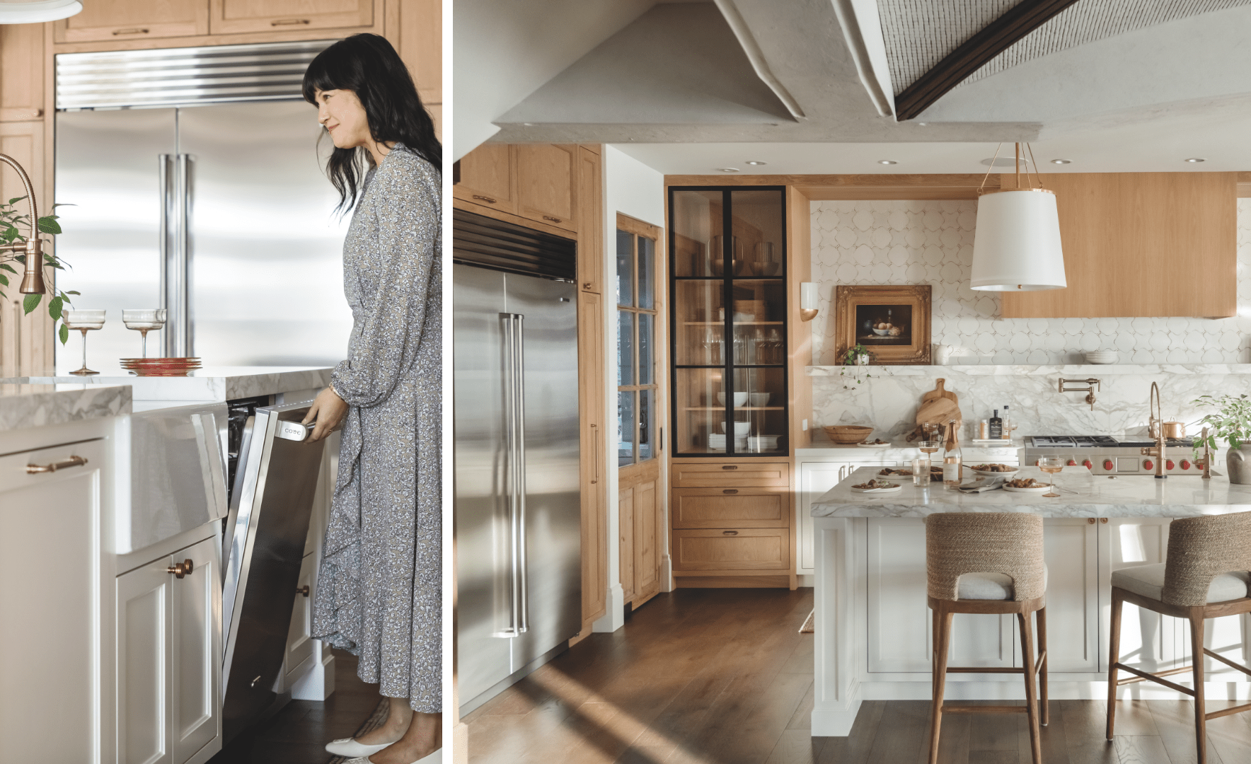 Cove stainless steel dishwasher shown with door open in a contemporary kitchen