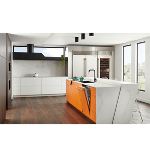 Cove panel ready dishwasher displayed in modern minimalist custom kitchen design featuring Wolf Ovens and Sub-Zero Refrigerators