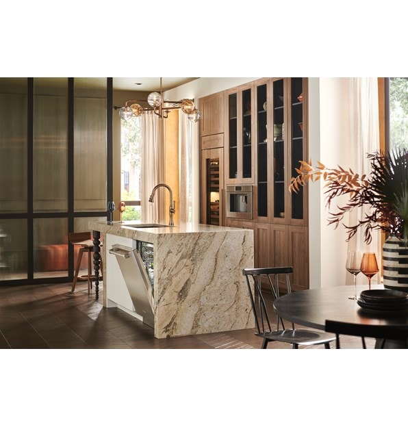 24 inch ADA Height Compatible Panel Ready Dishwasher with Water Softener (DW2451WS/ADA) by Cove Dishwashers shown blending seamlessly in a bold and modern kitchen design.