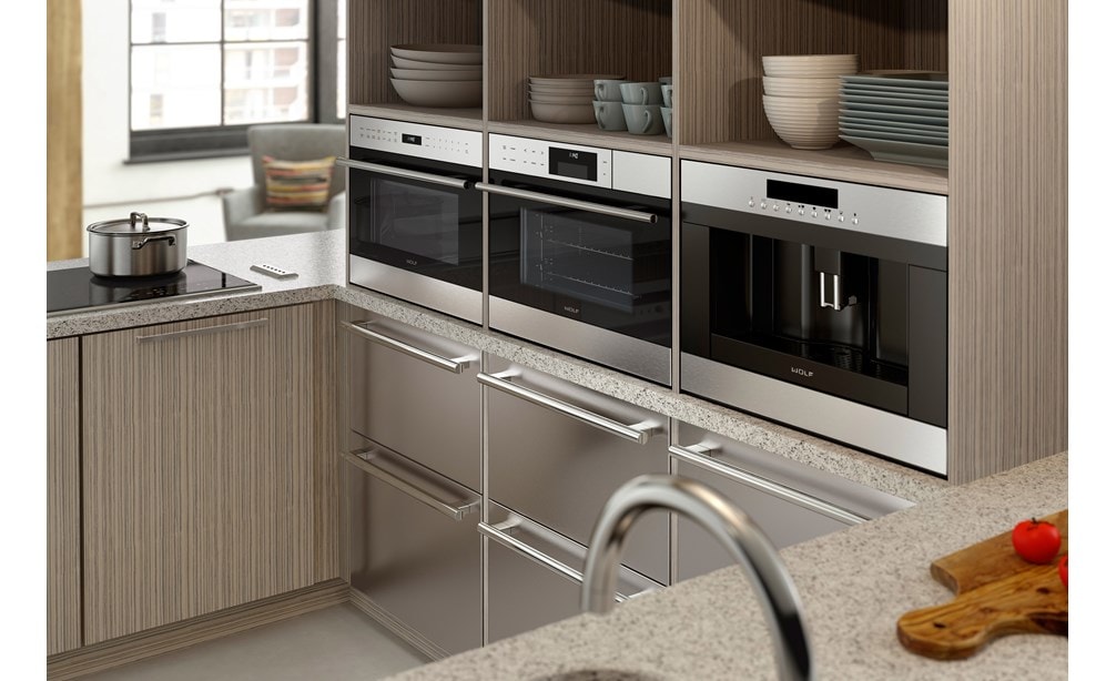 Sub-Zero 24" (ID-24F) Panel Ready Freezer Drawers fitted seamlessly below Wolf 24" E Series Convection Steam Oven (CSO24TE/S/TH)