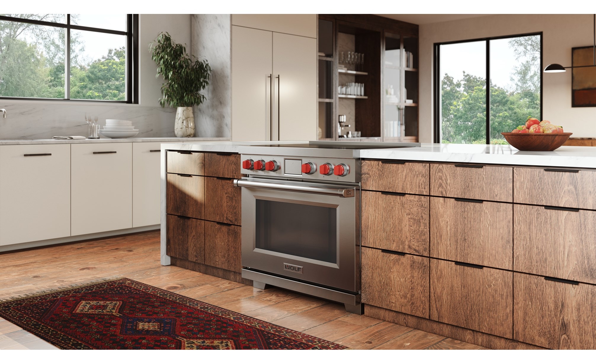 Wolf 36&34; Gas Range (GR366) and Wolf 36&34; Professional Wall Hood (PW362418) shown in custom kitchen design featuring warm wood cabinets, wood beams and wave patterned tile backsplash.
