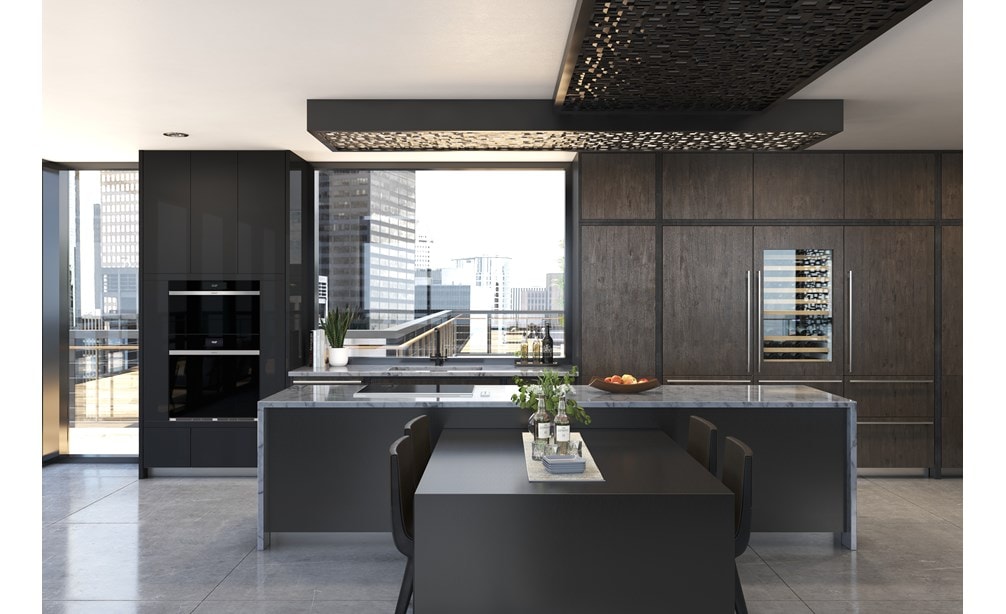Wolf 30" Transitional Induction Cooktop featured in a modern high rise black and wood kitchen design.