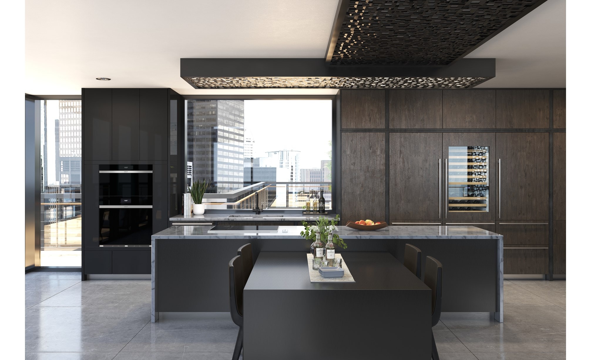Wolf 30" Transitional Induction Cooktop featured in a modern high rise black and wood kitchen design.