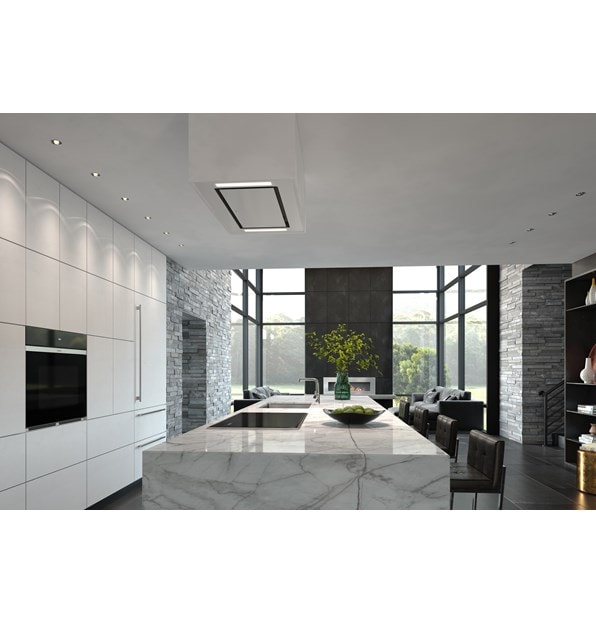 Wolf 36" Transitional Induction Cooktop pictured in a modern kitchen design featuring gray and white marble countertop and smooth white handleless cabinets.