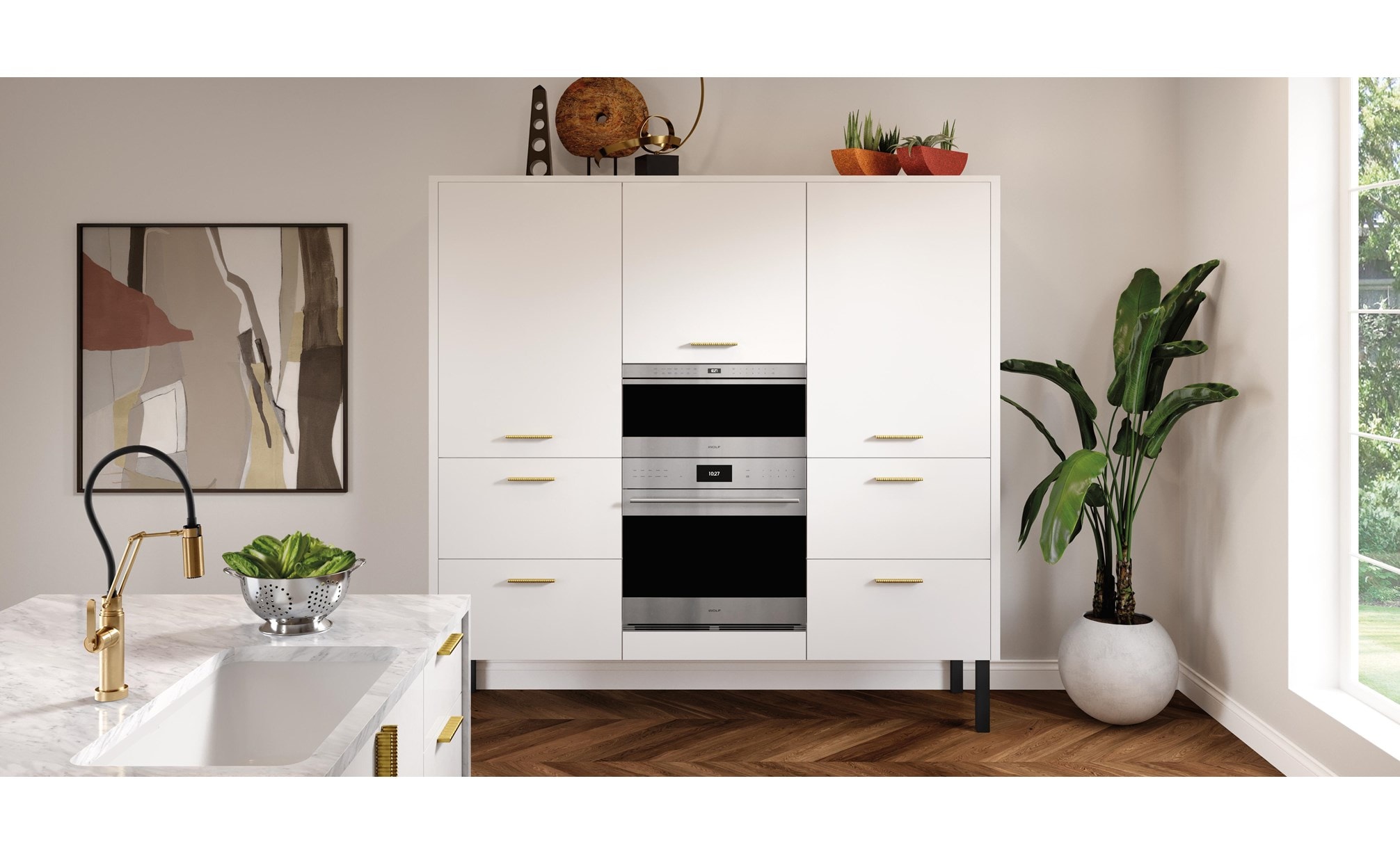 Wolf 30" Transitional Drawer Microwave (MD30TE/S) installed seamlessly within white cabinetry.