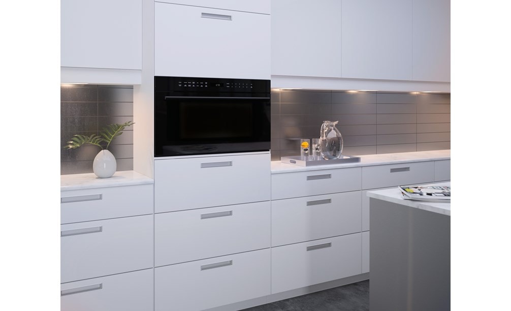 Wolf 30" M series Contemporary Drop-Down Door Microwave Oven (MDD30CM/B/TH) in modern galley kitchen with white cabinets and gray backsplash