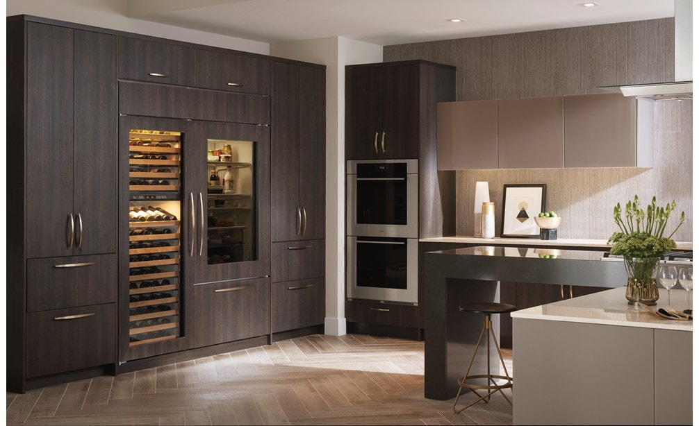 Wolf 30" M Series Contemporary Black Glass Double Oven (DO30CM/B) with Sub-Zero 36" Classic Over Under Glass Door Refrigerator (BI-36UG/O)