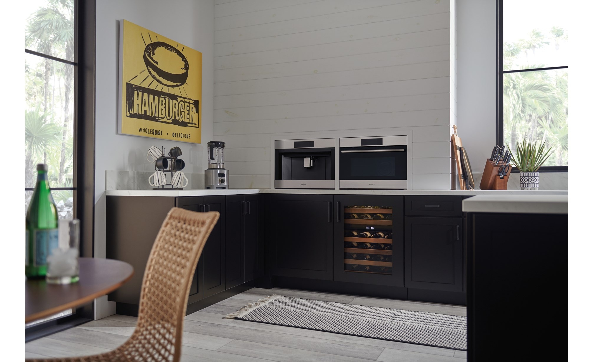 California green kitchen with a Designer series undercounter, a Wolf coffee maker, and a traditional Wolf speed oven