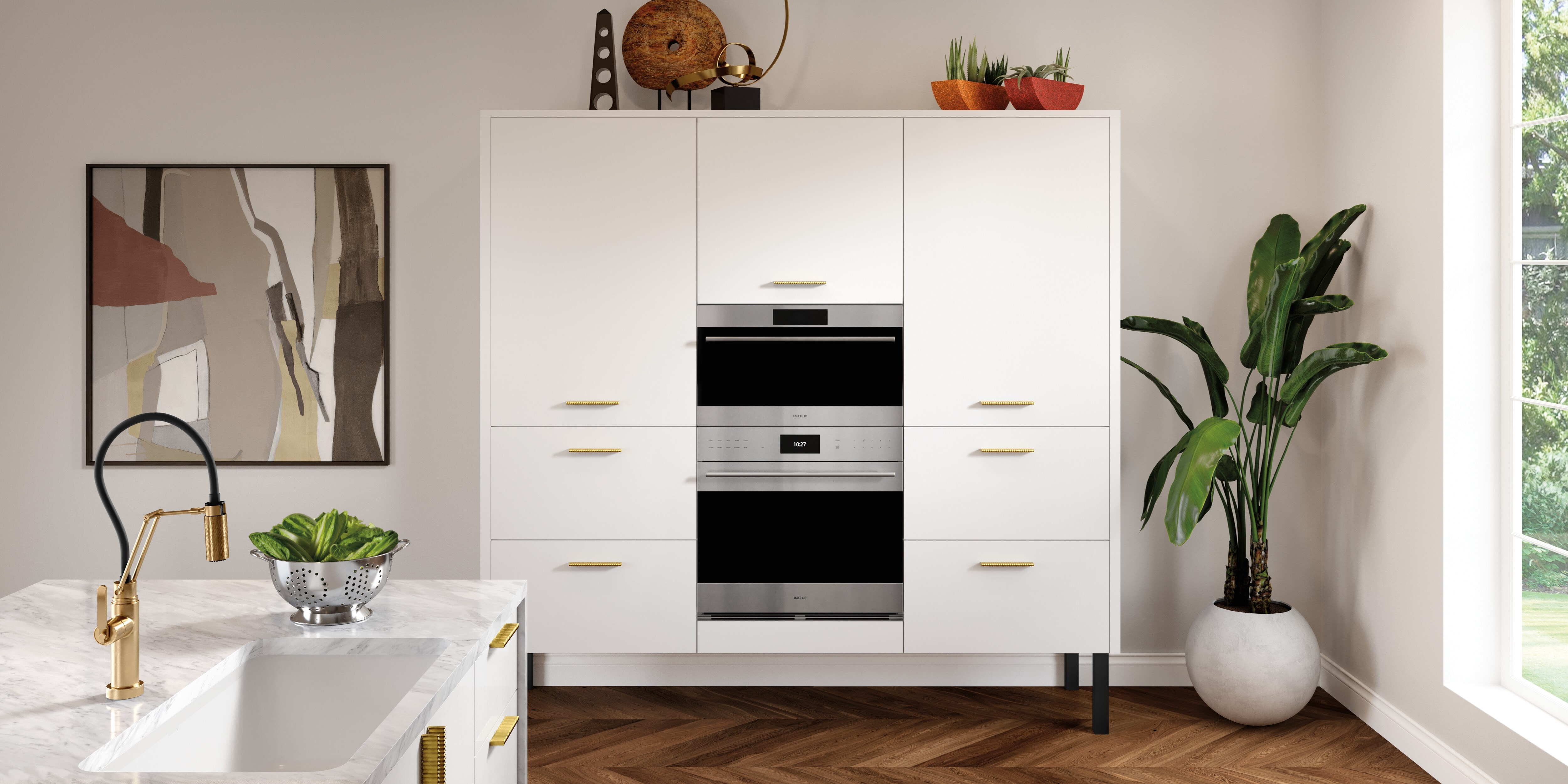 The Wolf 30" E Series Transitional Speed Oven - SPO3050TE/S/T with a complementary Wolf product in a white kitchen