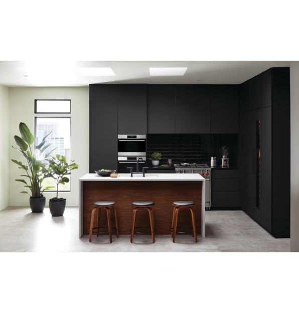 Wolf 24" E Series Transitional Convection Steam Oven (CSO2450TE/S/T) surrounded by black cabinetry in a sunlit apartment kitchen