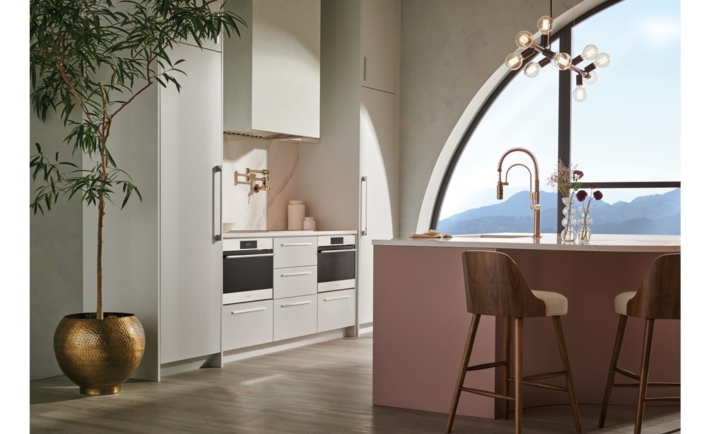 Wolf 24" E Series Transitional Convection Steam Oven Plumbed (CSOP2450TE/S/T) displayed in white custom cabinetry kitchen overlooking mountains