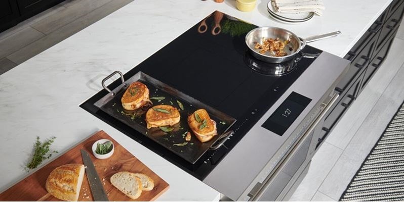 Wolf 36" Induction Range (IR36550/S/T) is the centerpiece of this California green eco-friendly kitchen.