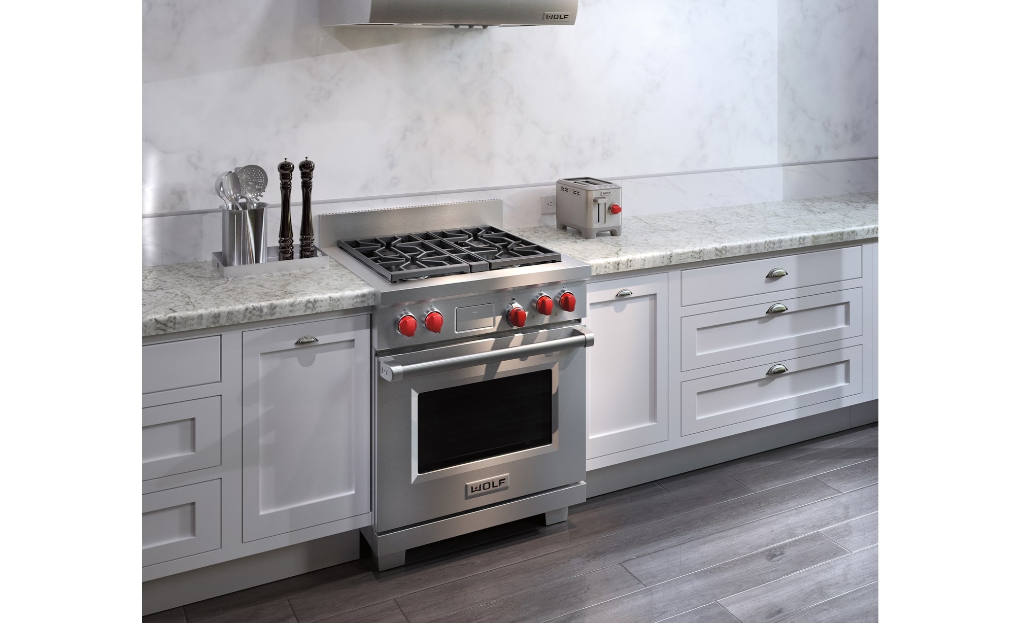 The Wolf 30" Dual Fuel Range 4 Burner (DF304) Cooktop displayed in a clean modern contemporary kitchen design.