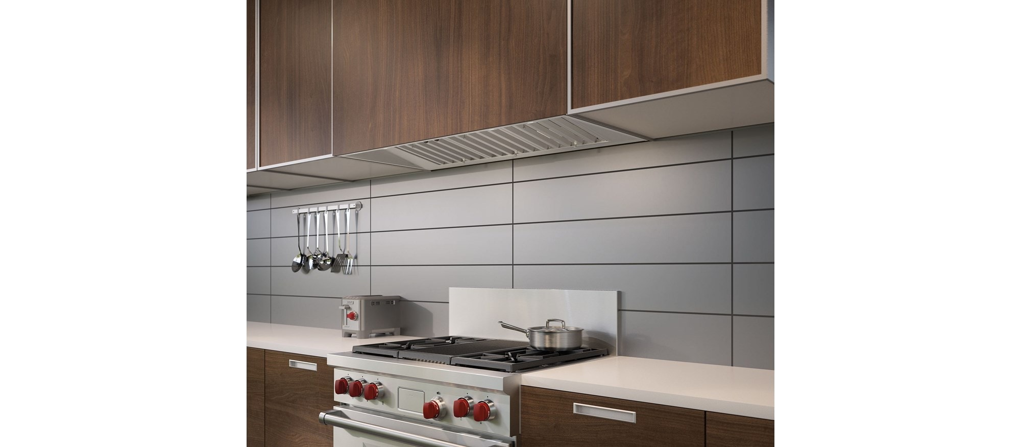 The Wolf 36" Dual Fuel Range 4 Burner Infrared Charbroiler (DF364C) with Wolf 46" Pro Hood Liner - 22" Depth (PL462212)