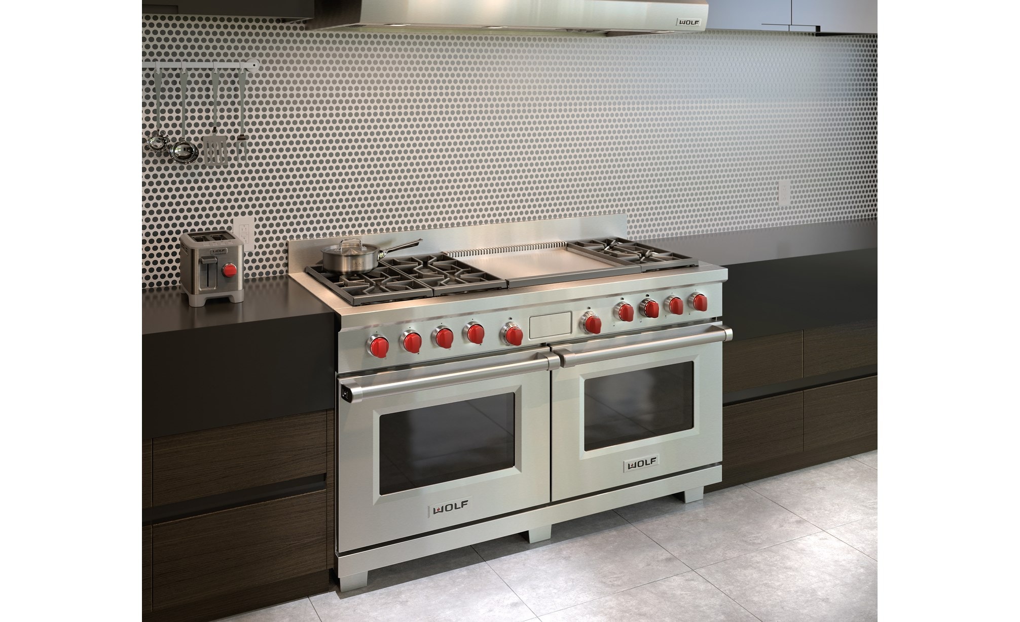Wolf 60" Dual Fuel Range 6 Burner Infrared Dual Griddle (DF606DG) shown with modern chrome backsplash centered between glossy countertops