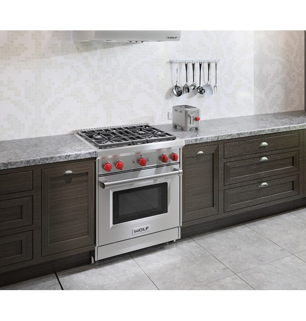 Wolf 30" Gas Range (GR304) Rangetop featuring stainless steel construction and brushed finish offering seamless integration into any kitchen
