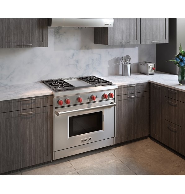 The Wolf 36" Gas Range 4 Burner Infrared Griddle (GR364G) shown with its stainless steel construction and classic brushed finish.