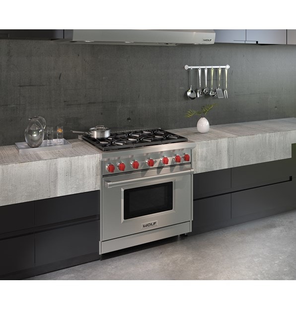 The Wolf 36" Gas Range 6 Burner (GR366) Rangetop shown displaying performance features born of professional kitchens.