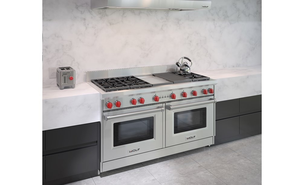 The Wolf 60" Gas Range 6 Burner Infrared Charbroiler Griddle (GR606CG) with Wolf 60" Pro Wall Hood - 24" Depth (PW602418)