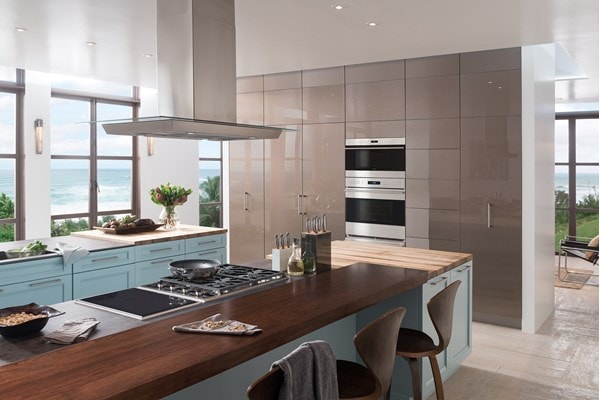 Wolf 45" Glass Cooktop Island Hood over a 30" Gas Cooktop and a 15" Induction Cooktop 