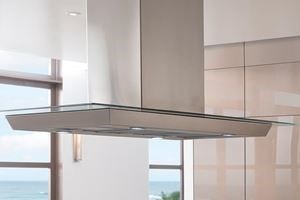 Wolf 45" Glass Cooktop Island Hood over a 30" Gas Cooktop and a 15" Induction Cooktop