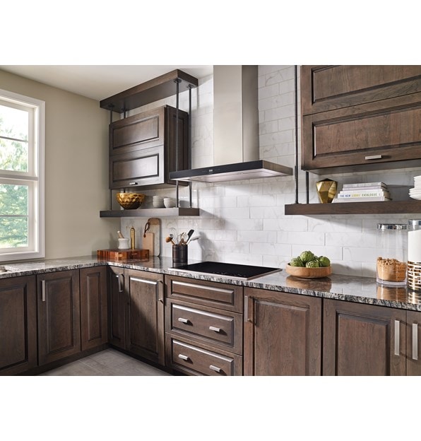 The Wolf 36" Cooktop Wall Hood - Black (VW36B) shown in a charming contemporary space featuring rustic accents