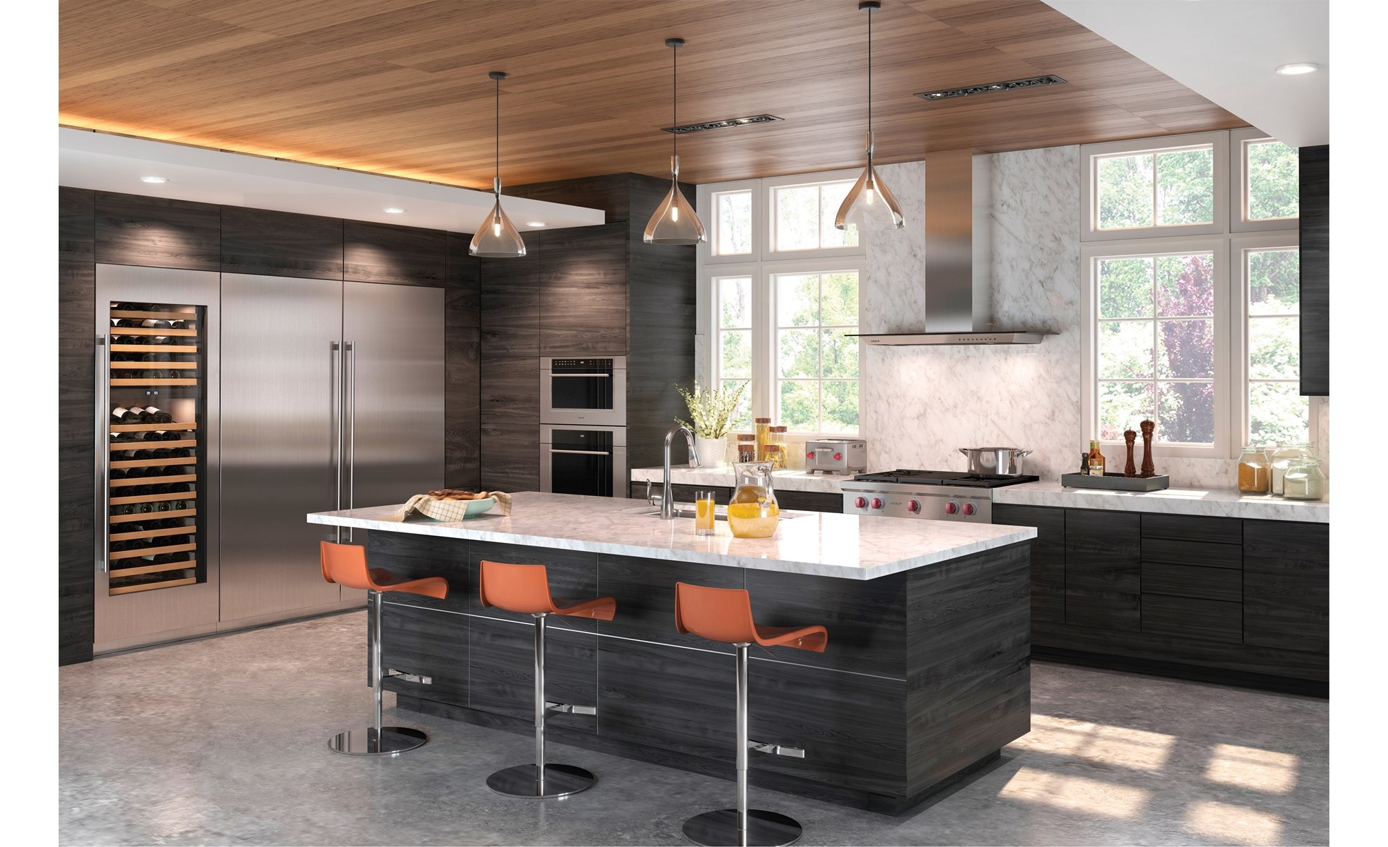 The Wolf 36" Cooktop Wall Hood - Glass (VW36G) shown centered on large textured backsplash between large windows in open kitchen design