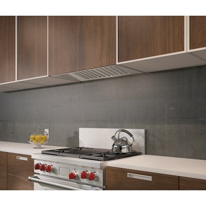 The Wolf 34" Pro Hood Liner - 22" Depth (PL342212) shown with Wolf 36" Dual Fuel Range - 4 Burners and Infrared Charbroiler (DF364C)