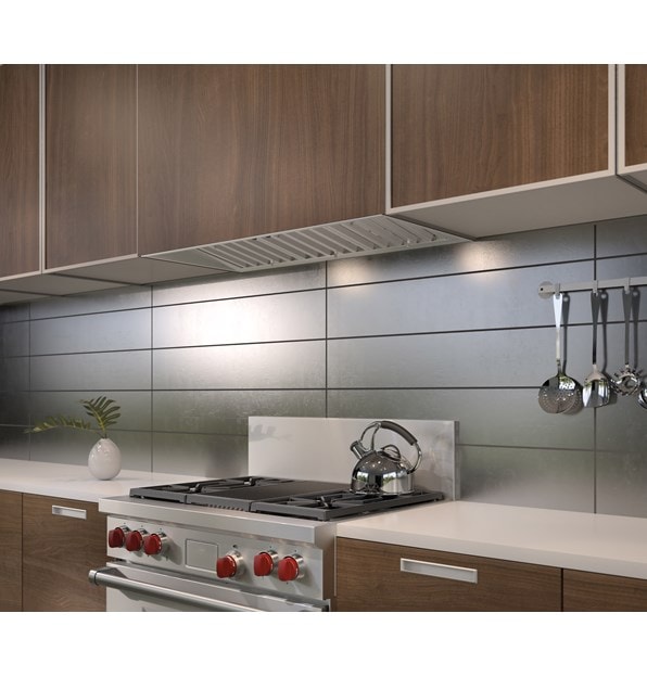 The Wolf 40" Pro Hood Liner 22" Depth (PL402212) blends expertly into sleek modern kitchen cabinetry with natural wood finish