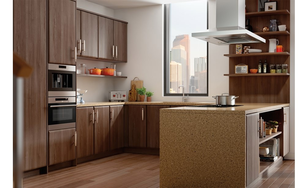 The Wolf 42" Cooktop Island Hood - Stainless (VI42S) featured in an open kitchen featuring display shelving and warm kitchen cabinets