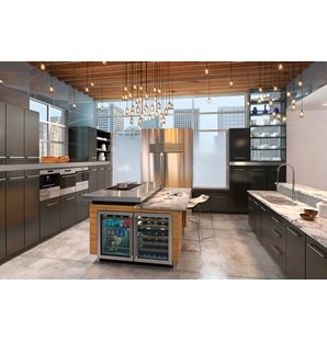 Sub-Zero 24" Undercounter Beverage Center (UC-24BG/S) paired with Sub-Zero 24" Undercounter Wine (UW-24/S) in a modern kitchen design.