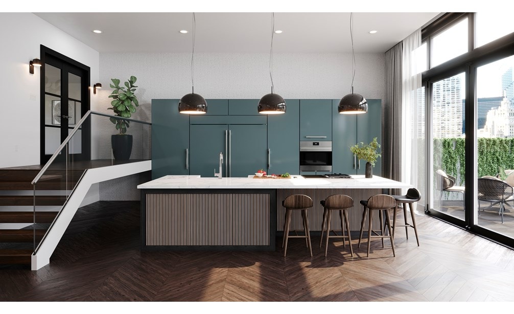 "Exquisite dual Sub-Zero 36-inch Classic Refrigerators panel ready blending seamlessly in a contemporary open and bright loft kitchen. "