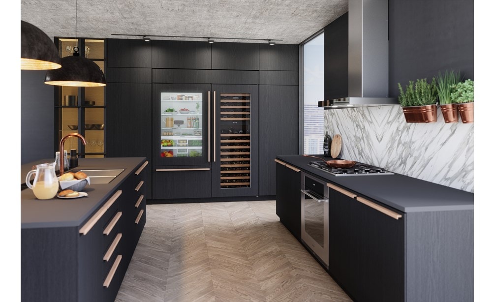 Sub-Zero 30-inch Classic Wine Storage featuring UV-resistant glass door shown in impressive luxury kitchen featuring fine design materials for enduring beauty.